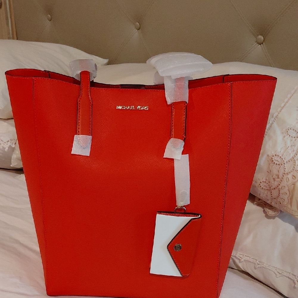 Michael Kors Vibrant Orange Tote with White Accents